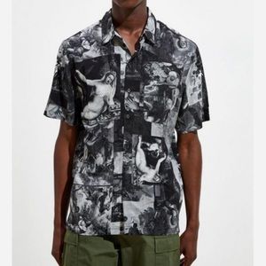 Urban Outfitters UO Art Motif Short Sleeve Button-Down Shirt Black + White